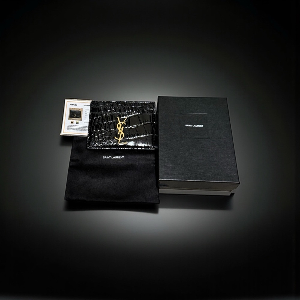 Saint Laurent Glossy Black Croc Card Holder - Picture 2 of 2